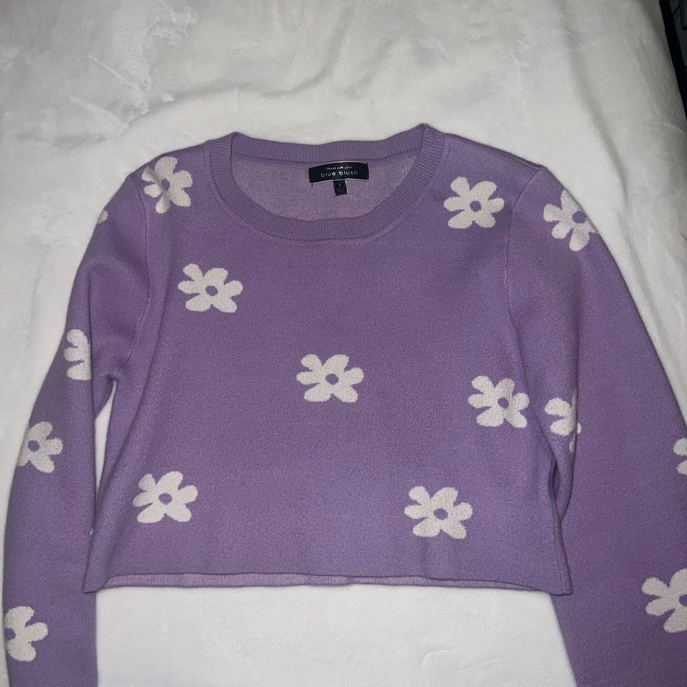 Cropped Purple with White hearts sweater. Worn a couple of times. Great quality